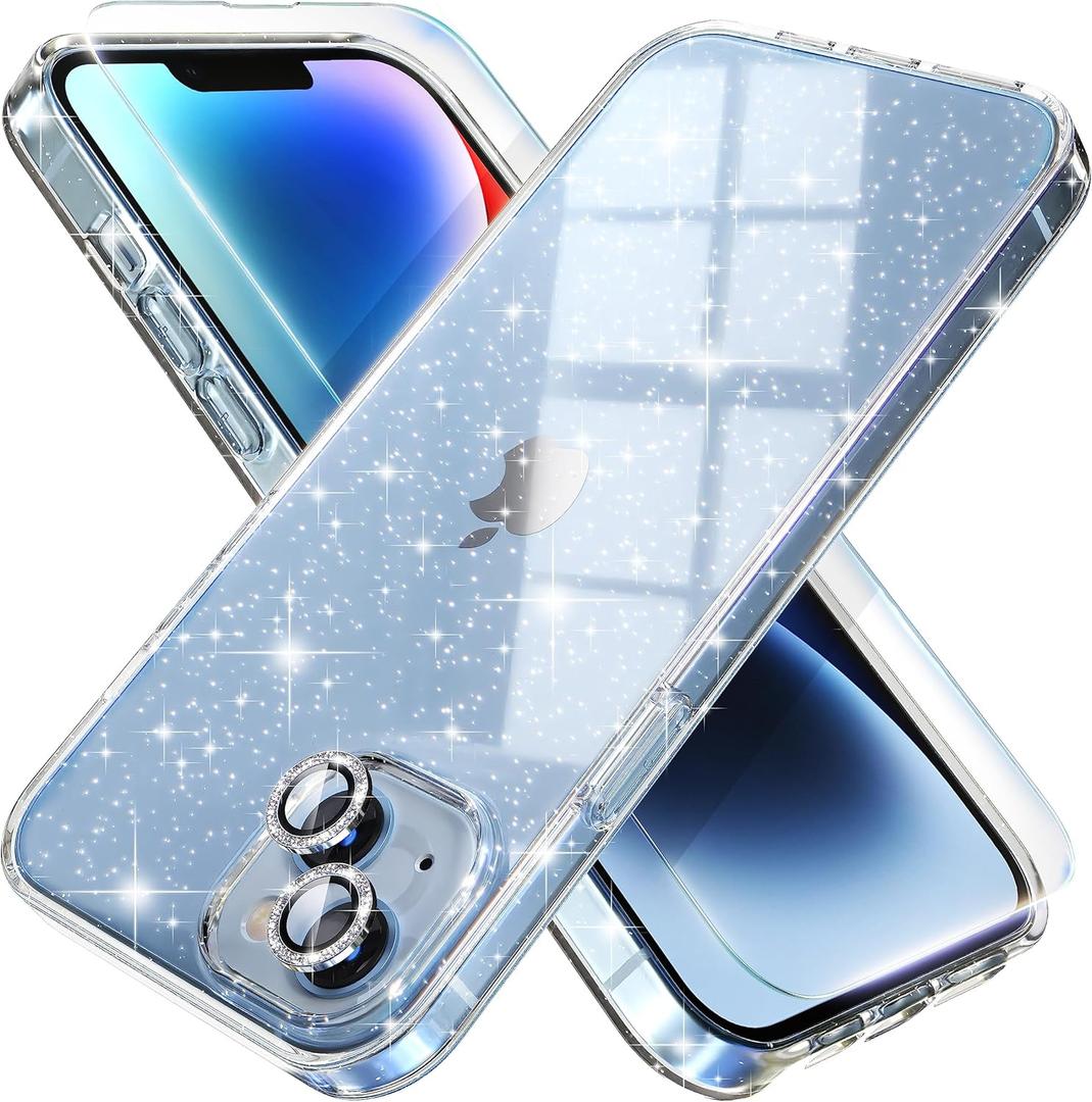 Choiche Compatible for iPhone 14 Case Women Phone Case, Cute Bling Sparkly, Military Grade Drop Protection, 2 Diamond Camera Lens Covers, 2 Tempered Glass Protectors, 6.1 inch (Glitter Clear)