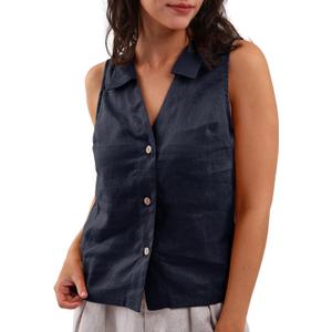 Amazhiyu Women's 100% Linen Summer Sleeveless Button-Down Tops Slight Crop Vest (Dark Blue), Size: L