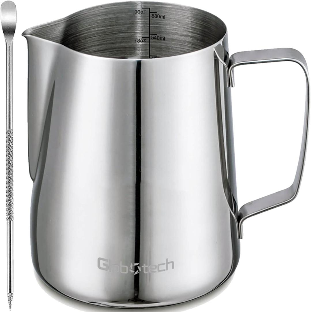 Stainless Steel Milk Frother Cup - Espresso Steaming Pitchers Coffee Foam Making Pitcher Latte Art Froth Cup Steaming Jug Cappuccino Hot Chocolate 20 Oz (600ml) (01 Silver)