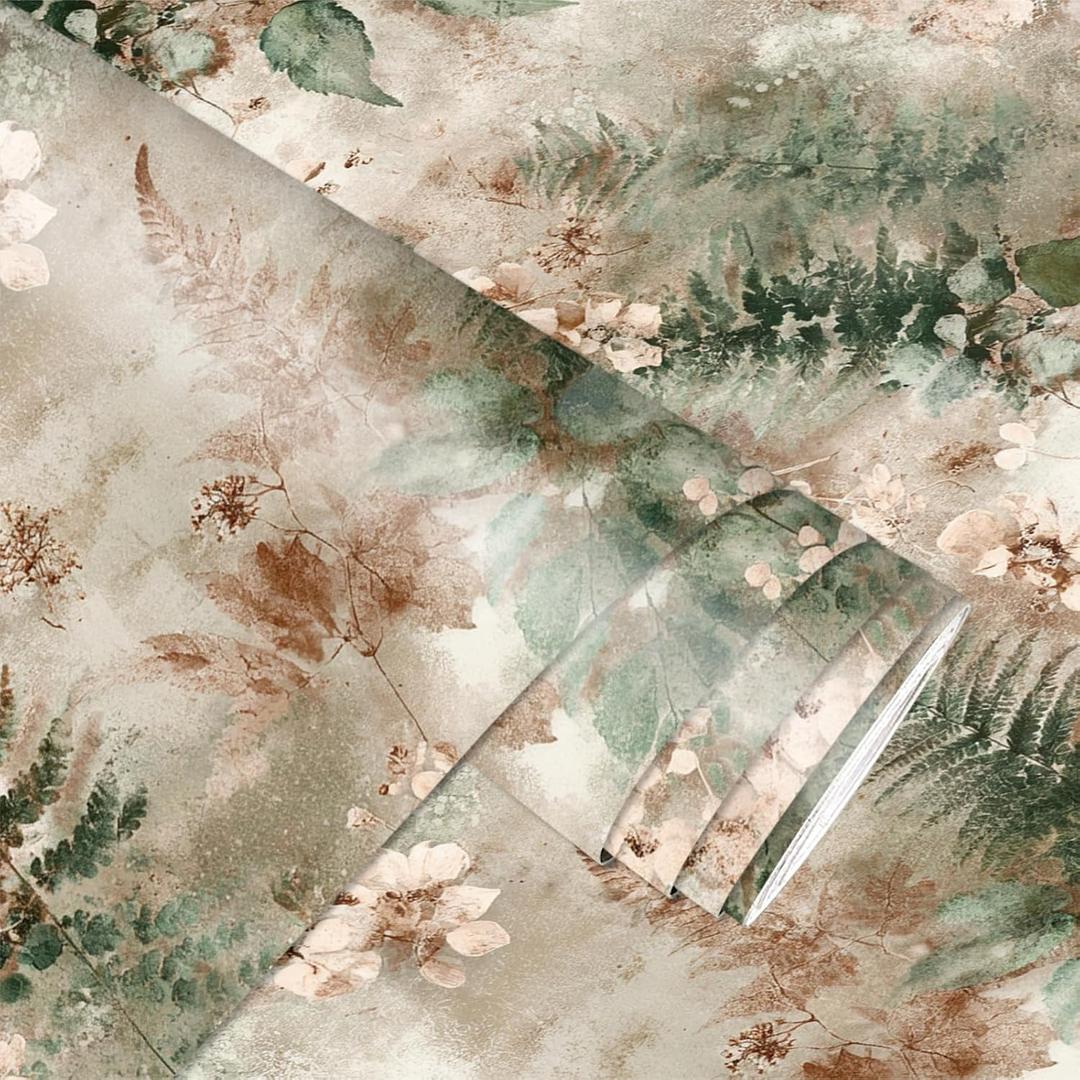 Watercolor Botanical Wallpaper Peel and Stick 17.7" x 118.1" Removable Vinyl Contact Paper for Bedroom Accent Wall Closet Entryway Forest Cottagecore Decor