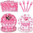 Yungyan 96 Pcs End of Year Graduation Party Plates and Napkins Pink Class of 2026 Grad Party Supplies Disposable Dessert Paper Plates Cocktail Napkins for Graduation Parties Decorations, Serve 24