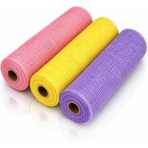 Chuangdi 3 Rolls Poly Burlap Deco Mesh 10 Inch Pink Yellow Purple Deco Poly Decorative Mesh Ribbon Wrapping Ribbon Rolls for Home Door Wreath Decoration DIY Crafts Making