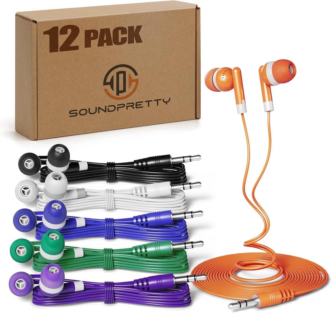 Earbud Headphones Bulk 12 Pack Multicolored Wired Earphones SPT-12MX Individually Wrapped Ear Buds Muti Packs for Kids School Classroom Students