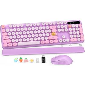 Wireless Keyboard and Mouse ComboRound Keycaps, FullSize Retro Typewriter Keyboard with Detachable Wrist Rest, Sleep Mode & Tilt Legs, 2.4GHz Cordless Connection for Mac/Windows/PC (Lavender Purple)