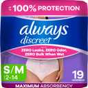 Always Discreet Adult Diapers for Women, Incontinence Underwear, Postpartum Essentials, Disposable Briefs, Max Absorbency, Bladder Leak Protection, Small/Medium, 19ct