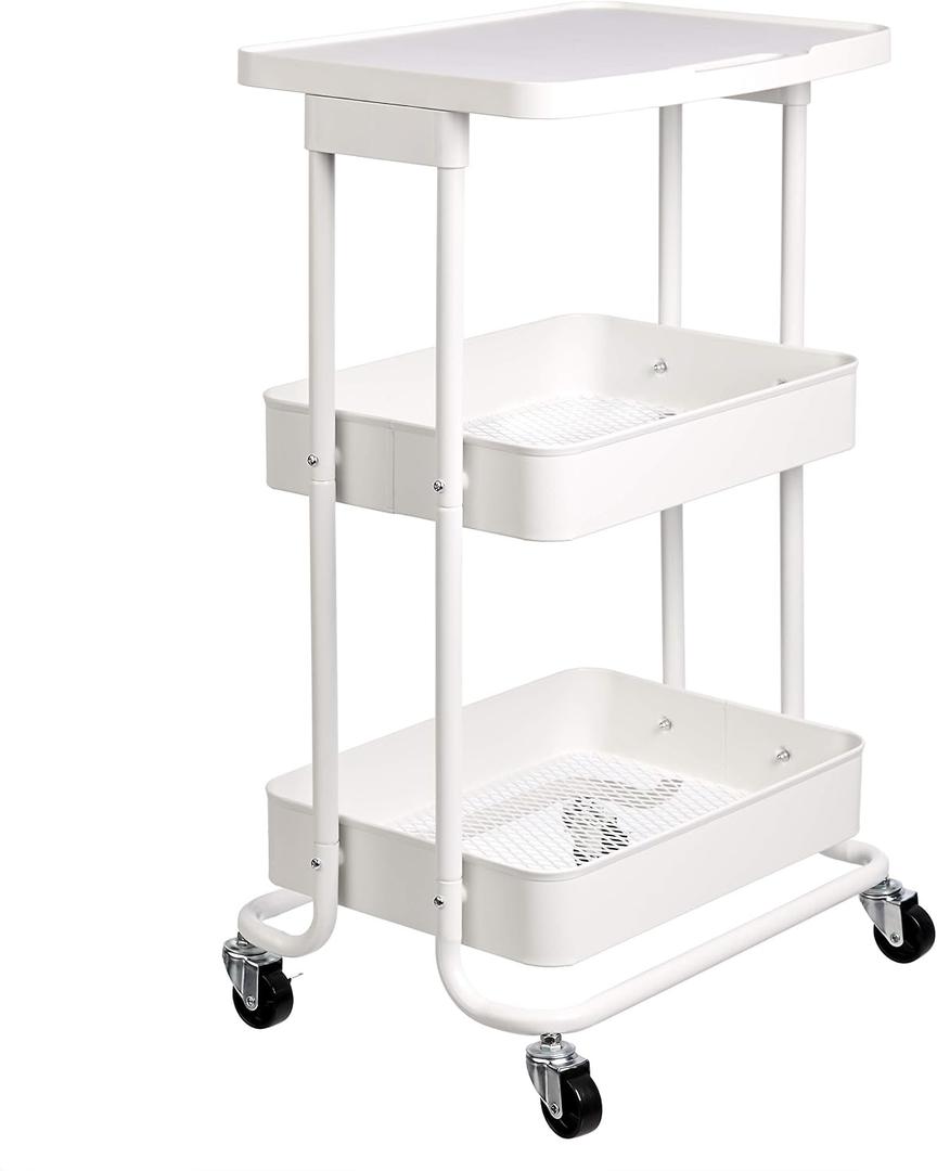 Amazon Basics 2-Tier Rolling Metal Utility Cart with Shelf, Portable Multi-Functional Storage, White, 29.92 x 18.11 x 13.58 inches