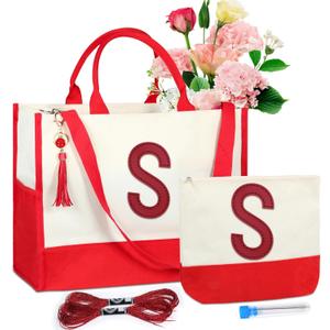 2 Personalized Canvas Tote Bag for Women, DIY Embroidered Initial Handbags, Teacher Mom Present for Birthday Bag (S, Red)