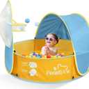 Peradix Paddling Pool for Kids & Pets, Kids Ball Pit Tent 3 in 1, Pop Up Wading Pool Tent with UV Protection Sunshade Canopy Basketball Hoop, Portable Beach Backyard Toys for Indoor Outdoor Activity (Blue-yellow)