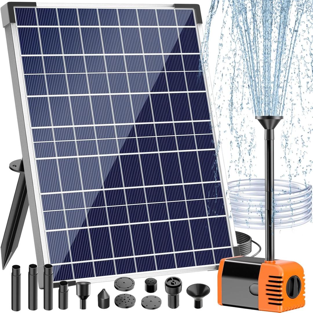 Antfraer 25W Solar Pond Pump, Solar Water Fountain Pump with 320GPH Adjustable Flow, Solar Water Pump with 7 Nozzles, 6.6ft Tubing, Dry Run Protection for Garden, Ponds, Waterfall, Fountain