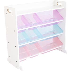 Humble Crew Toy Storage Organizer with 9 Removable Storage Bins for Kids Playroom, 3-Tier with Top Shelf Toddler Toy Organization, White/Purple/Pink/Blue, 34"W X 16"D X 31"H
