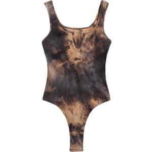Verdusa Women's Tie Dye Notched Neck Ribbed Skinny Thong Tank Bodysuit Top (Multicolored, XS)