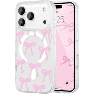 IPhone 17 Pro Max Case, Bow Case Compatible with MagSafe, Wireless Slim Clear Ribbon Aesthetic Phone Cover Anti-Yellowing Shockproof Protective Cover for Women Girl - Pink