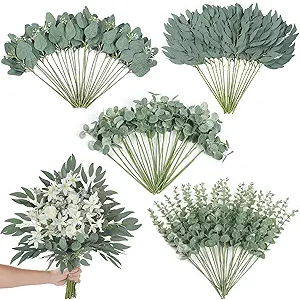 120 Pcs 4 Kinds Mixed Artificial Eucalyptus Leaves Stems Bulk Fake Silver Dollar Eucalyptus Bundle Faux Plants Greenery for DIY Bouquets Floral Arrangement Wedding Engagement Party Decor (Green)