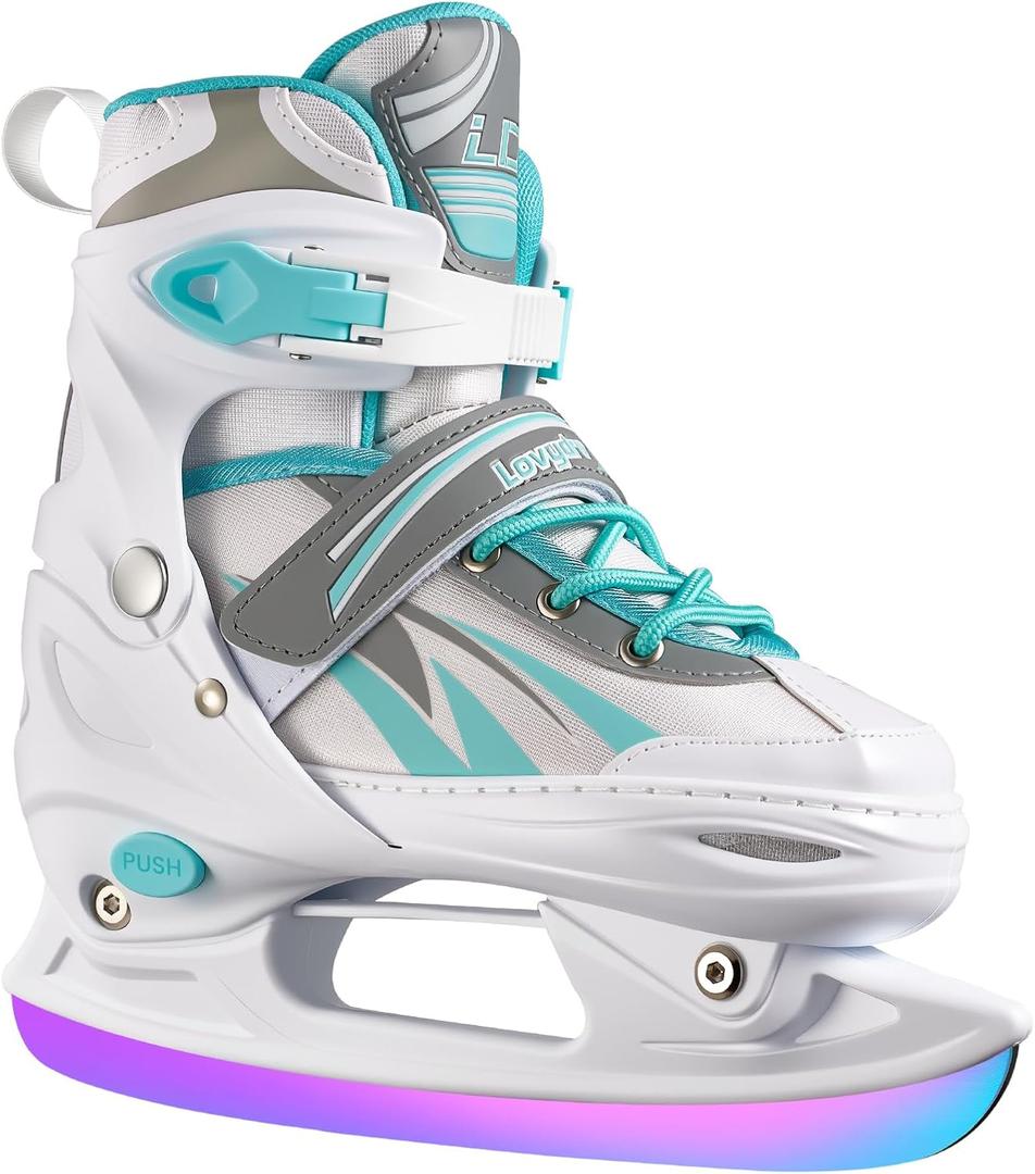 Adjustable Ice Skates for Kids Girls Boys, 4 Size Adjustable Beginner Ice Hockey Skates for Youths Teen, Warm Ice Skating Shoes with Electroplated Color-Changing Blades for Outdoor and Rink (Blue)