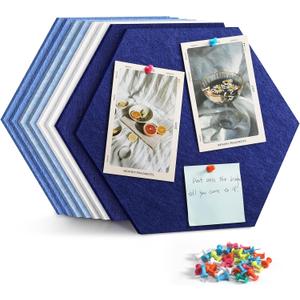 12" Large Bulletin Board with 30 Push Pins, Pack of 8 Hexagon Felt Pin Board Notice Boards for Home Office Kitchen, Felt Wall Tiles for Photos Memos (Blue)