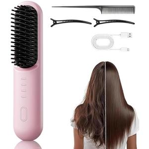 Go Brush-Pro for Short Hair, Hair Straightener Brush, Ionic & Ceramic Technology, 4 Temperature Settings, Anti-Frizz Styling (Pink)
