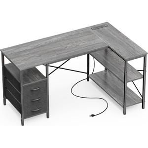 Huuger L Shaped Office Desk with Power Outlets, 47 Inch Computer Desk with 3 Drawers, Shelves, for Gaming, Corner Work, Home Office, Study, Grey