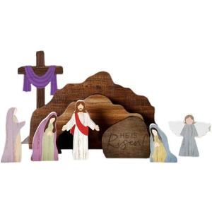 EAZZ Empty Tomb Easter Scene Cross Decoration, Wooden Resurrection Tabletop Decor Set for Religious Home, Office, Shelf & Farmhouse Display