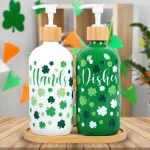 FYSUIMU 2 Pcs St. Patrick's Day Soap Dispenser Glass Soap Dispenser with Pump Green White Shamrock Clover Refillable Liquid Container for Hands Dishes Party Home Kitchen Bathroom Decor