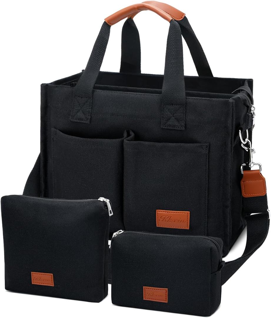 KKXIU Large Canvas Tote Bag for Women with Zipper and Compartments Crossbody Work Bible Messenger Purse Bag With Pockets (Black Set)