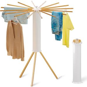 Cylinder Tripod Drying Rack for Clothes | Standing Octopus Dryer Rack for Indoor| Large Round Dryer Rack | 16 Dryer Rods and 360 Rotatable | Compact Household(Wood Feet) (A: Wood Feet)