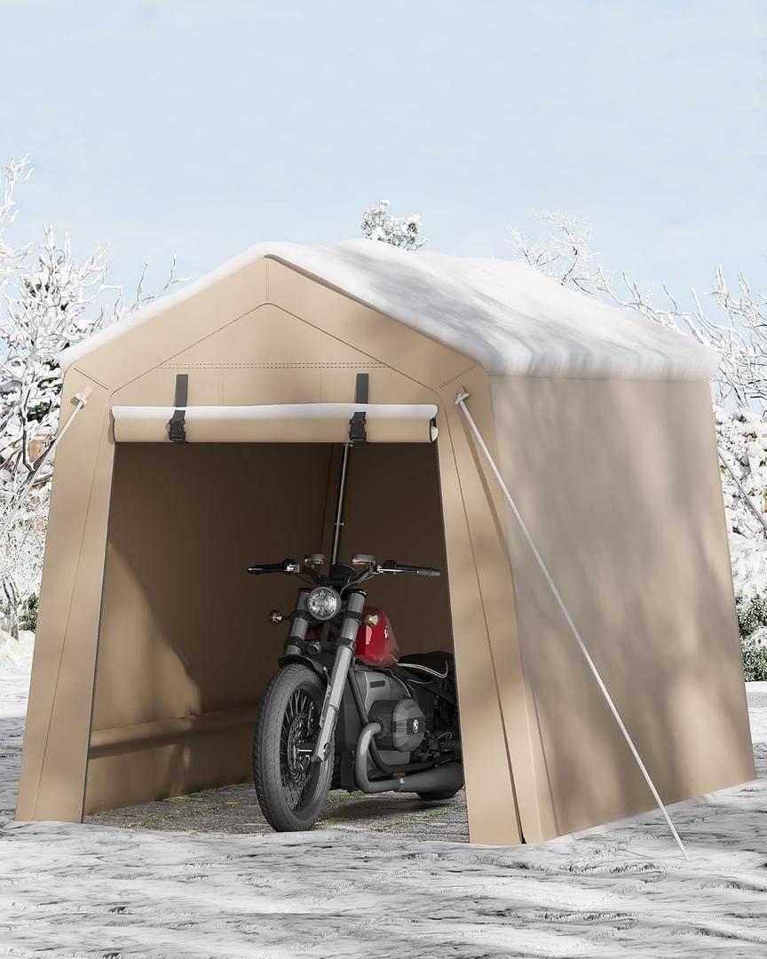 6'6' Heavy Duty Portable Storage Shed Tent - Outdoor Shelter with Roll-Up Door, Waterproof Bike/ATV/Motorcycle Garage, All-Weather Shelter Tent (Khaki (light khaki))