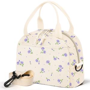 Lunch Box for Women,Floral Lunch Bag Cute Corduroy Insulated Lunch Box With Shoulder Strap for Adult Womens for Work Picnic (purple floral)