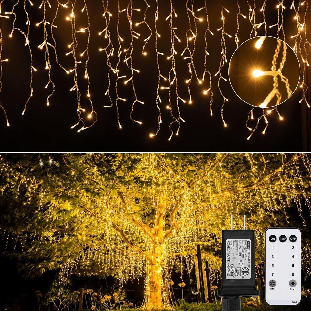 Brightown Christmas Icicle Lights Outdoor, 66 Feet 138 Drops with 736 LED, 8 Modes Waterproof Connectable Twinkle Fairy String Light for Christmas Thanksgiving Hanging Icicles (Warm White)