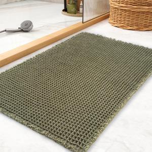 tchdio Waffle Bath Mat Rug, Super Absorbent Non Slip Bath Mats for Bathroom Mat Ultra Soft Bathmat Machine Washable Bathroom Rugs with Tassels, Bath Rugs for Bathroom Floor Beside Tub, 18" x 30" (Dark Green)