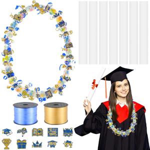 Teling 60 Set Graduation Candy Lei Making Kit Hawaiian Candy Lei Tubing Kit Includes 60 Pcs Candy Lei Bags 2 Rolls Ribbons 600 Pcs Paper Cut for Graduation Party Gift(Dark Blue, Gold)