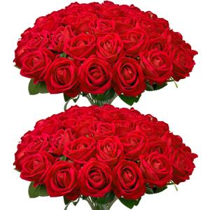 Wondrus Bulk Artificial Flowers 50 PCS, Fake Velvet Silk Red Roses with Long Stems Realistic Bouquet for Wedding Centerpieces, Faux Arrangement for Home Table Decor