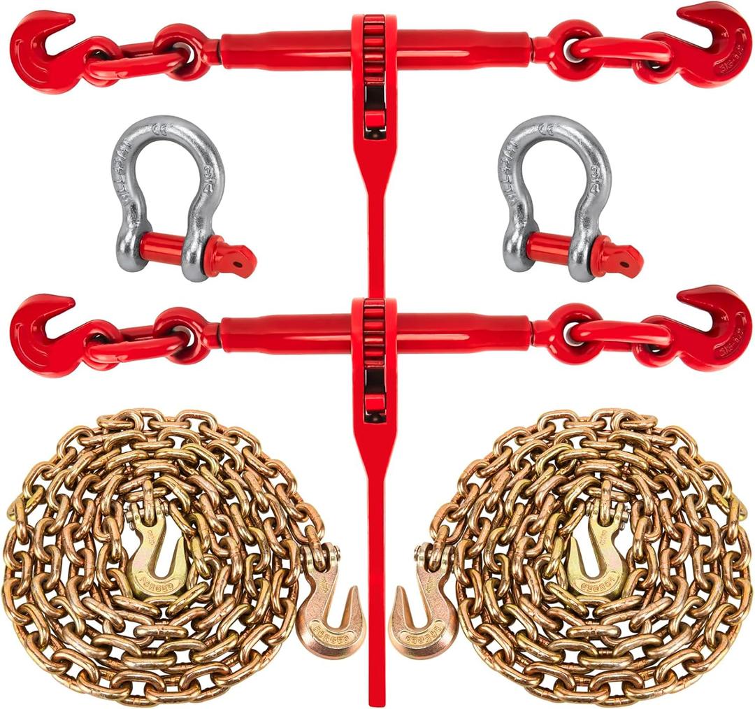 Chain Binders, Transport Chain, Tie Down Chain and Binder 3/8''-1/2'', 10Ft Chains with G70 Hooks, Ratchet Load Binders 9215Lbs Working Strength, Towing Chain for Flatbed Trailer Truck