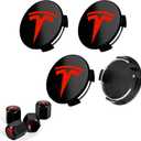 4 PCS Car Wheel Center Cap for Tesla Model Y & Model 3, Car Hubcaps with Logo Emblem and 4 Valve Stem Caps, 2.2 in ABS Wheel Rim Cover Accessories for Tesla 18"/19" Wheel, Black & Red