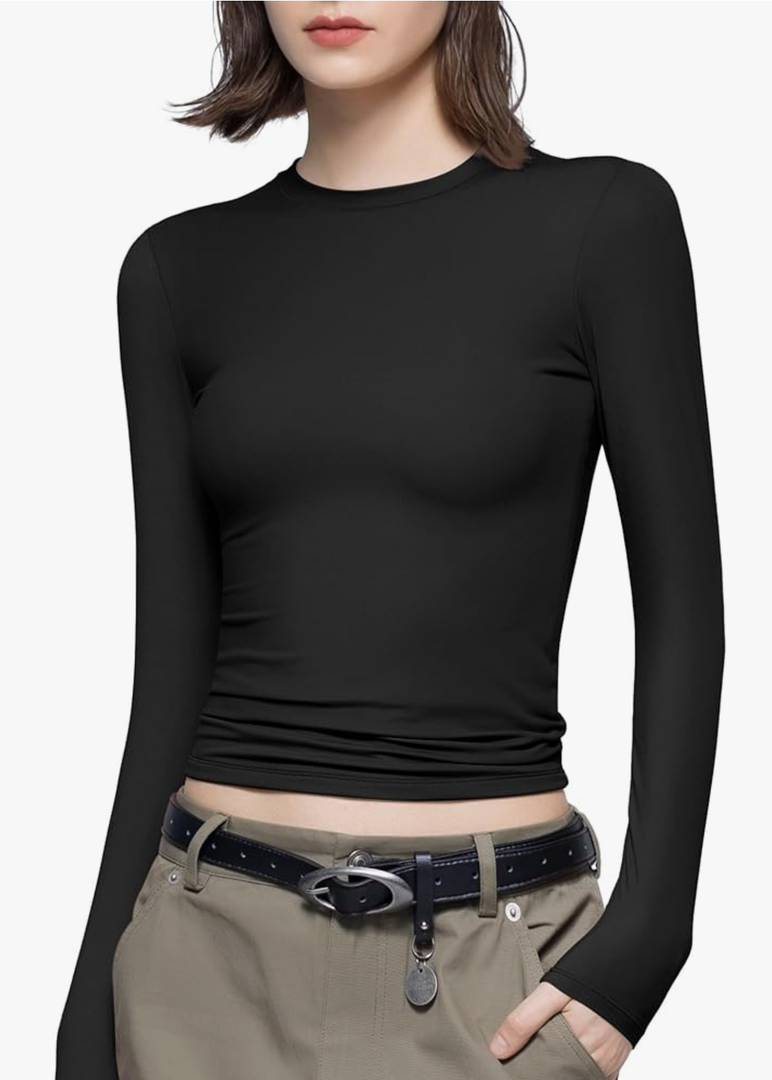 PUMIEY Women's Long Sleeve T Shirts Crew Neck Slim Fit Tops Sexy Basic Tee Smoke Cloud Pro Collection S