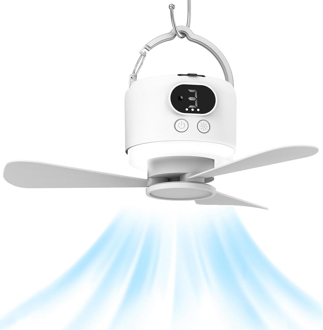 Wireless Portable Ceiling Fan with Remote, 3-Blade Design, 10040mAh Battery Operated, USB Rechargeable Hanging Fan with Hook for Tent, Camping, Outdoor, Emergency Use(White)