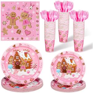 Zubebe 120 Pcs Pink Christmas Gingerbread Man Party Supplies Decorations Disposable Tableware Paper Plates Napkin Cups Dinnerware for Gingerbread House Candy Birthday Decorations, Serves 24 Guests