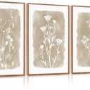 CHDITB Beige Florals Wall Art Set, Framed Boho Flower Wall Decor, Neutral Minimalist Botanical Wall Painting, Modern Vintage Wildflower Canvas Art Prints for Living Room, Bedroom, Grids Room 16"x24"x3