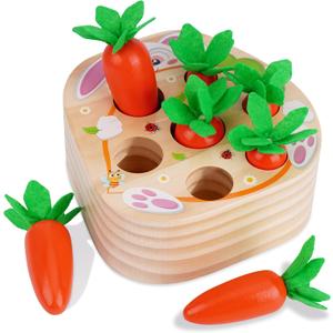 KMTJT Montessori Wooden Carrot Harvest Toy - Shape Sorting & Matching Game for Toddlers 1-3 Years, Fine Motor Skills Development, Educational Easter Birthday Gifts for Baby Boys & Girls (Red)