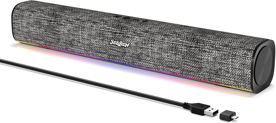 SOULION R100 Bluetooth Computer Speakers with Dynamic LED Light, USB Plug & Play PC Speakers with Switch Button, Clearly Sound Soundbar for Desktop Laptop Monitor(USB-C to USB Adapter Included) (Black)