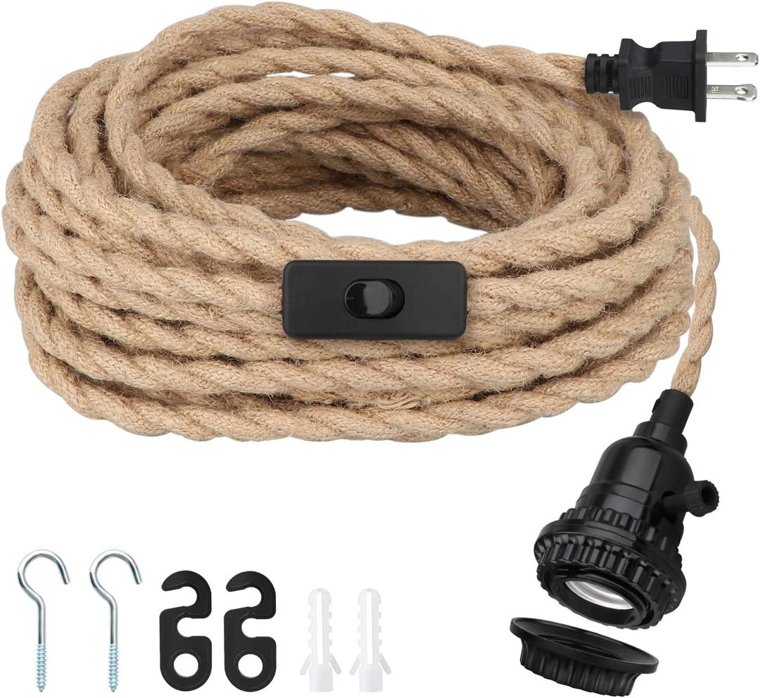 16.5FT Pendant Light Kit, Hanging Lights with Plug in Cord & Switch, Hemp Rope Swag E26 Socket Pendant Lamp, Extension Lantern Cable Vintage Farmhouse Industrial Retro DIY Decoration Fixtures