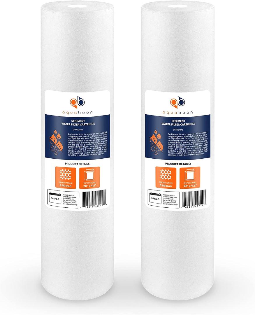 Aquaboon 5 Micron 20 x 4.5 Whole House Sediment Filter Cartridge 20 inch Water Filter Replacement Compatible with DGD-5005-20, FP25B, AP810-2, 2-Pack