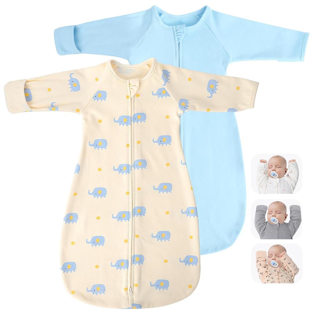 2 Pack Transitional Swaddle Sack with Arms Up & Sleeves, Mitten Cuffs, 2-Way Zipper, Sleep Sacks Blanket for Newborns - Calms Startle Reflex, Newborns Baby Boys & Girls Sleep Bag (S ( 0-3 Months, 6-14 lbs ), Little Elephant & Tranquil Blue)