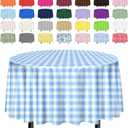 SietDESEO 2 Pack Light Blue Gingham Tablecloth Round 84 x 84 Blue and White Checkered Table Cloth Disposable Plaid Table Cover for Camping Picnic Wedding Party Supplies Circle Plastic Tablecloth