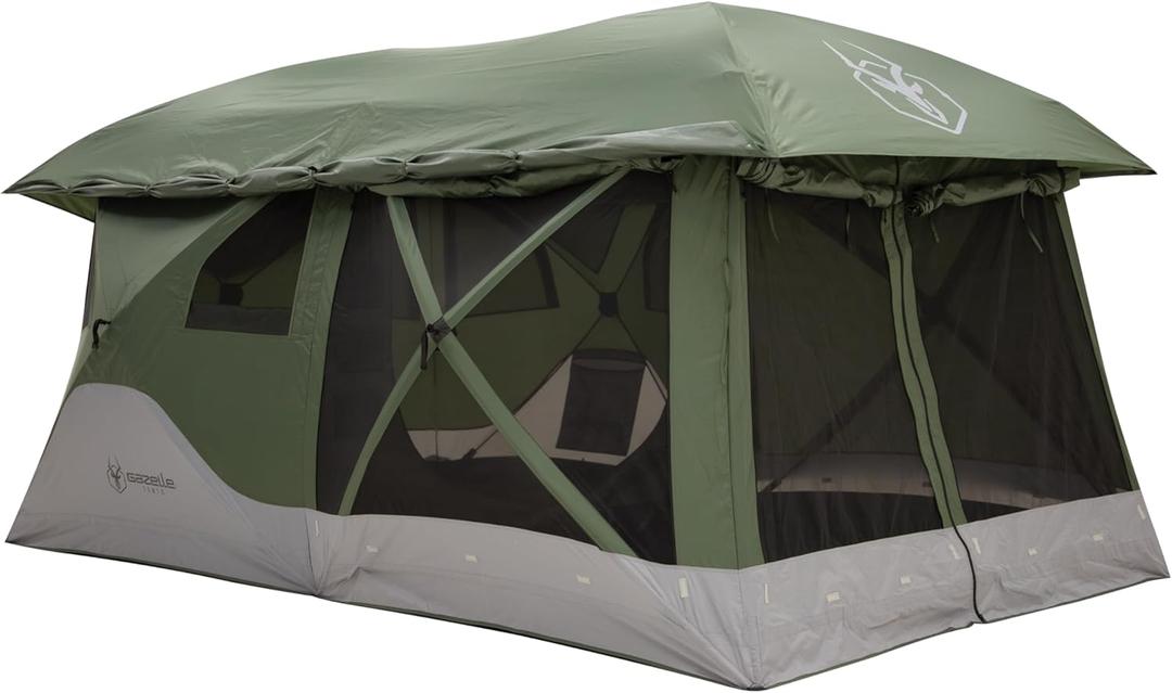 Gazelle Tents, T4 Tandem Hub Tent with Overland Kit, Easy 90 Second Set-Up, Waterproof, UV Resistant, Removable Floor, Ample Storage Options, 4-8 Person, Alpine Green/Slate, 165" x 94" x 78", GK915