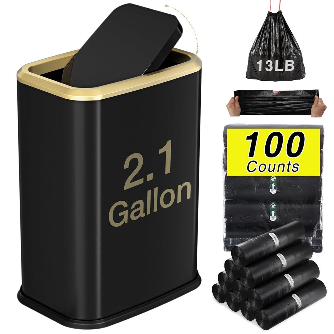 Bathroom Trash Can with Lid 8L/2.1 Gallon Black Trash Can Small Garbage Can with Swing Top Lid Slim Stainless Steel Garbage Can with 100 Counts Trash Bags for Bathroom Bedroom Kitchen Office Toilet