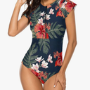 Wolddress Women Modest One Piece Bathing Suit Short Sleeve Tummy Control Swimsuit Zipper Surfing Athletic Rash Guard Size XXL