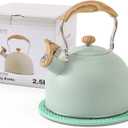 LONFFERY Tea Kettle for Stove Top, 2.5 Quart Whistling Tea Kettle, with Food Grade Stainless Steel and Wood Pattern Folding Handle, Turquoise
