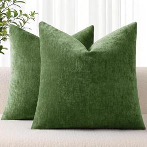 DecorUhome Chenille Moss Green Spring Throw Pillow Covers 18x18 Inch Set of 2, Decorative Soft Couch Pillow Covers Solid Dyed Accent Farmhouse Neutral Square Pillow Cases for Sofa