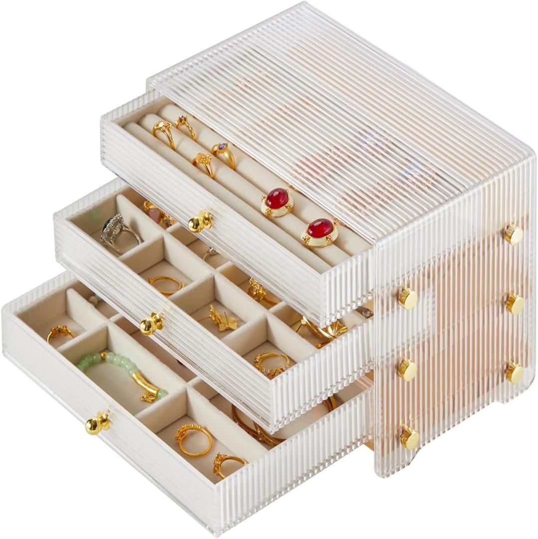 Jewelry Box For women, 3 Layer Large Jewelry Organizer With Acrylic, Multi-Function Storage Box, Accessory Holder With 3 Drawers, For Earrings Necklace Ring Bracelet