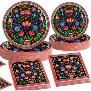 Potchen 180 Pcs Party Plates and Napkins 7'' and 9'' Paper Disposable Plates and Napkins Mexican Summer Beach Party Supplies Decorations Tableware Set Serve 60(Mexico,Black)